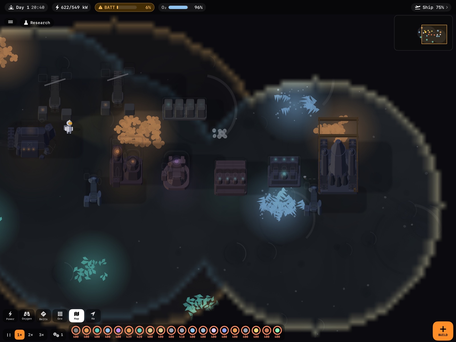Longdusk on iPad: a lunar base at dusk, with miners, smelters and belts around the crashed ship