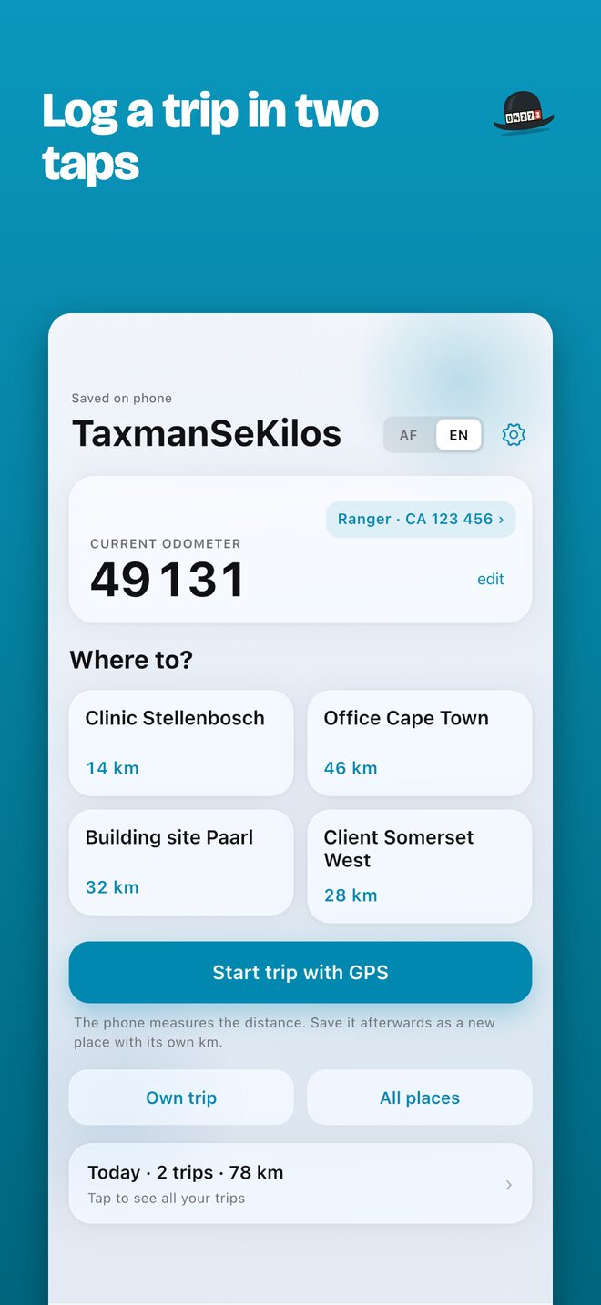 TaxmanSeKilos on iPhone: the current odometer reading, saved places to tap, and Start trip with GPS