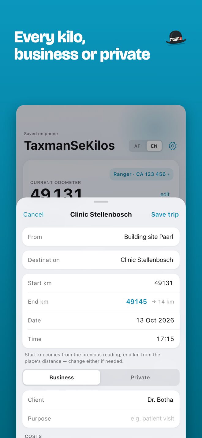 A trip being saved: where it started and its destination, start and end km, date and time, business or private, client and purpose