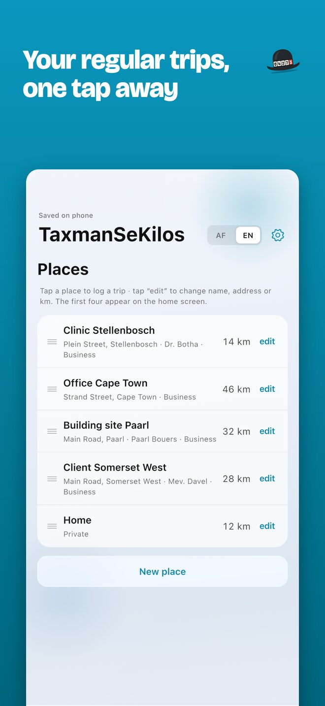 Saved places with their address, usual distance, client and whether they're business or private