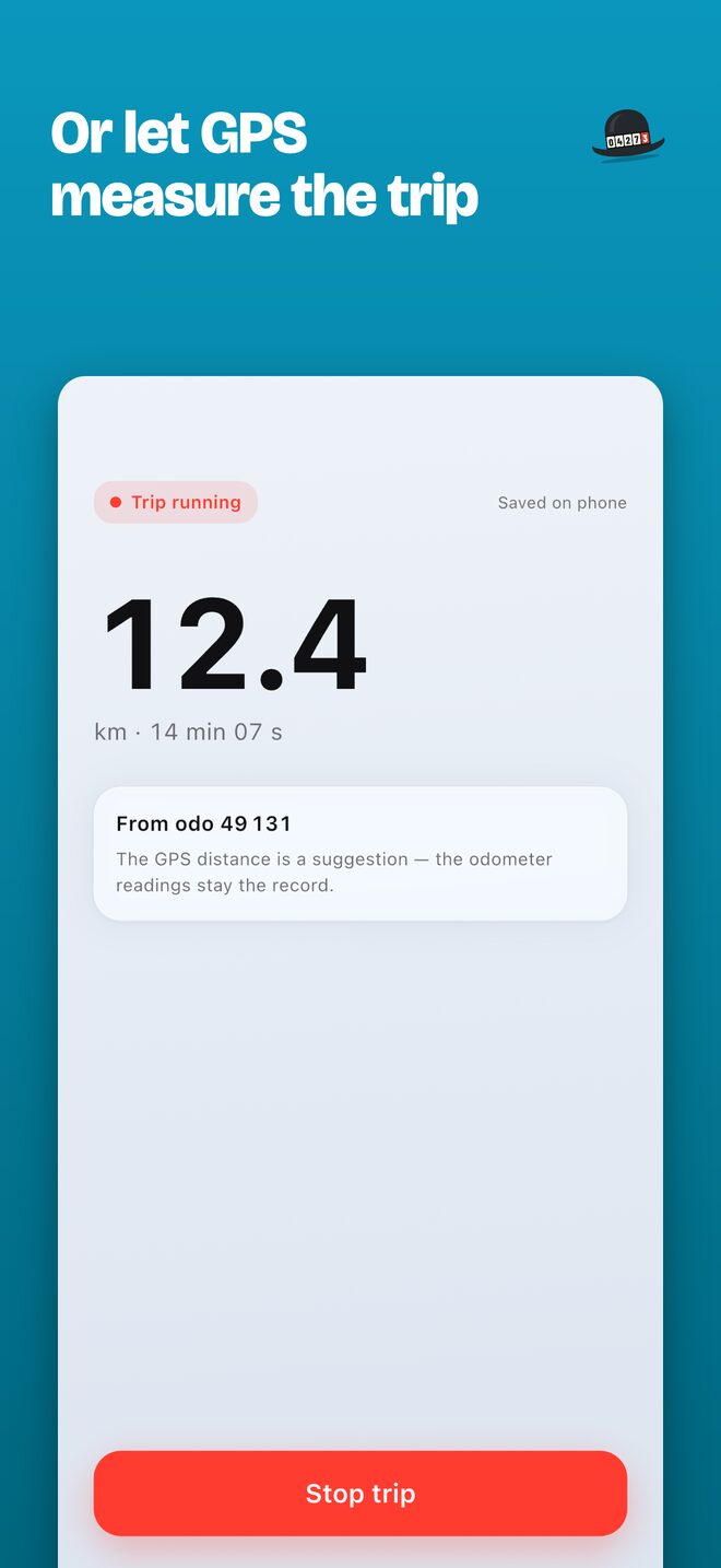 A GPS trip running: 12.4 km so far, with a Stop trip button